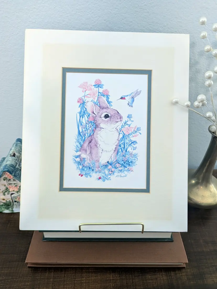 LK Powell Matted Print Cottontail Rabbit & Hummingbird Woodland Art 9x12