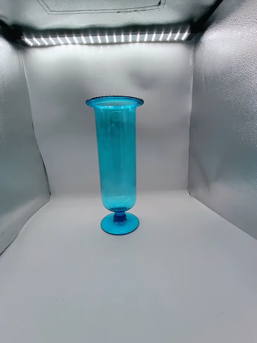 Vintage Rainbow Glass Bright Blue with Hints of Amethyst Flared Flat Rim Vase Circa 1970's .