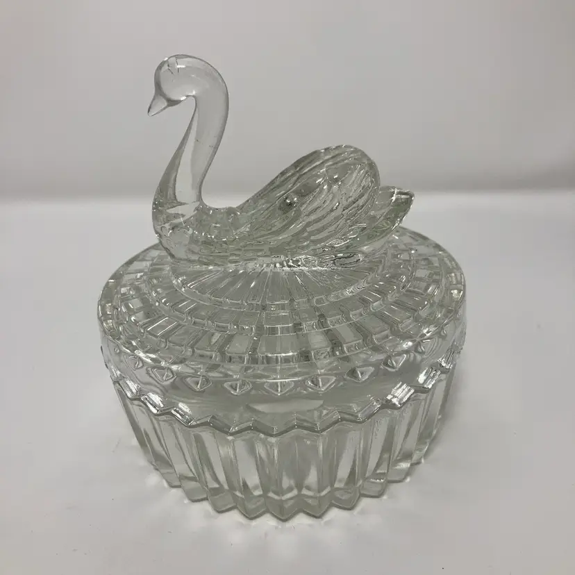 Vintage Jeannette Glass Clear Swan Powder Box With Lipstick Holder In the Lid!  4” x 5” Tall! READ! 3 Flea Bites On Inside As Seen In Close Up Pics!