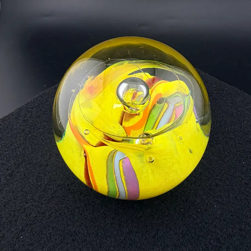 Vintage Caithness Saffron Paperweight Yellow With Swirls 2.5” Tall x 2.75” Wide