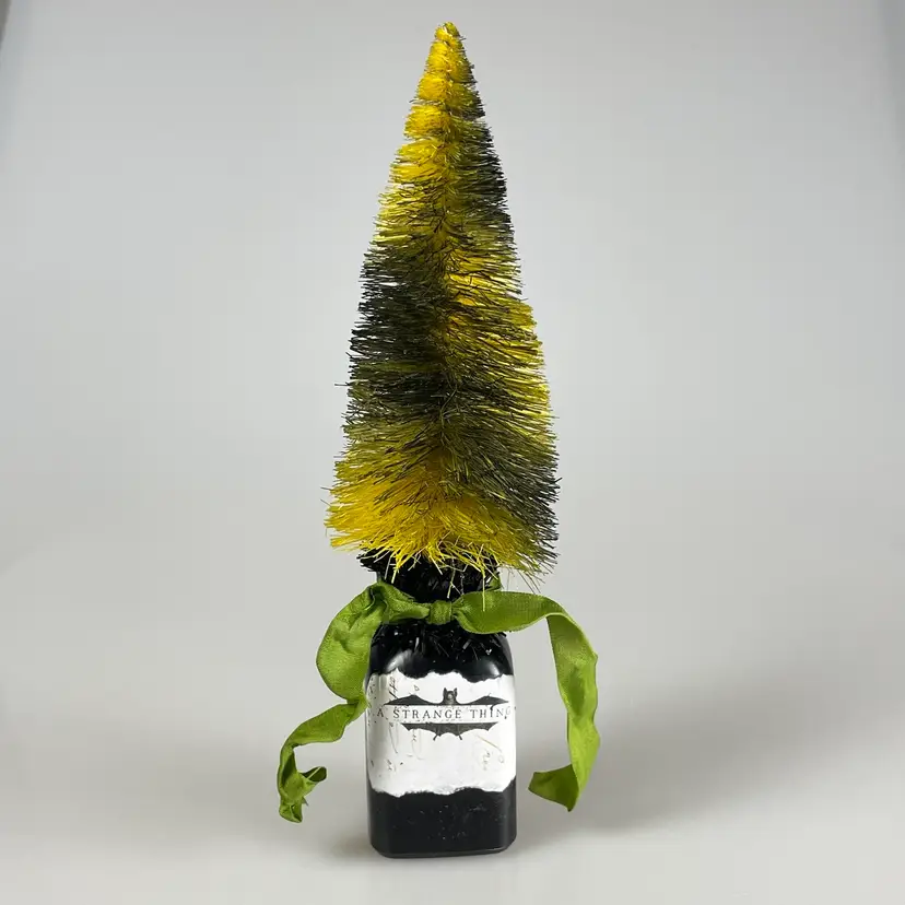 Yellow & Purple Halloween Bottle Brush Tree in Glass Jar Decor 8.25”