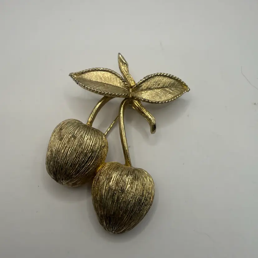 Sarah Cov Gold Tone Cherry Brooch 2.25”