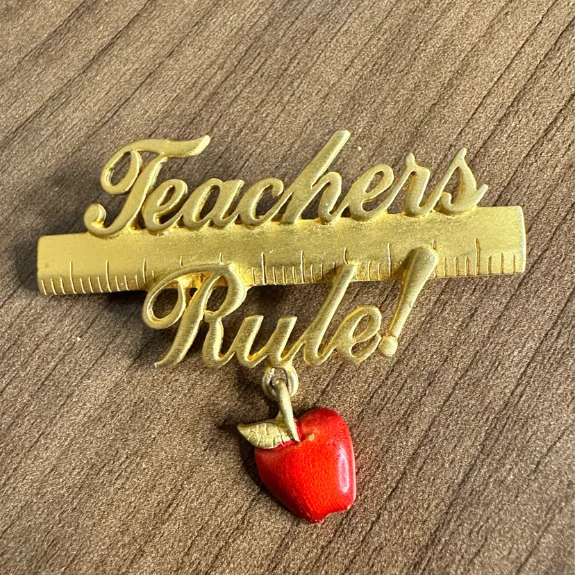 JJ Brooch Teachers Rule With Red Apple Gold-Tone
