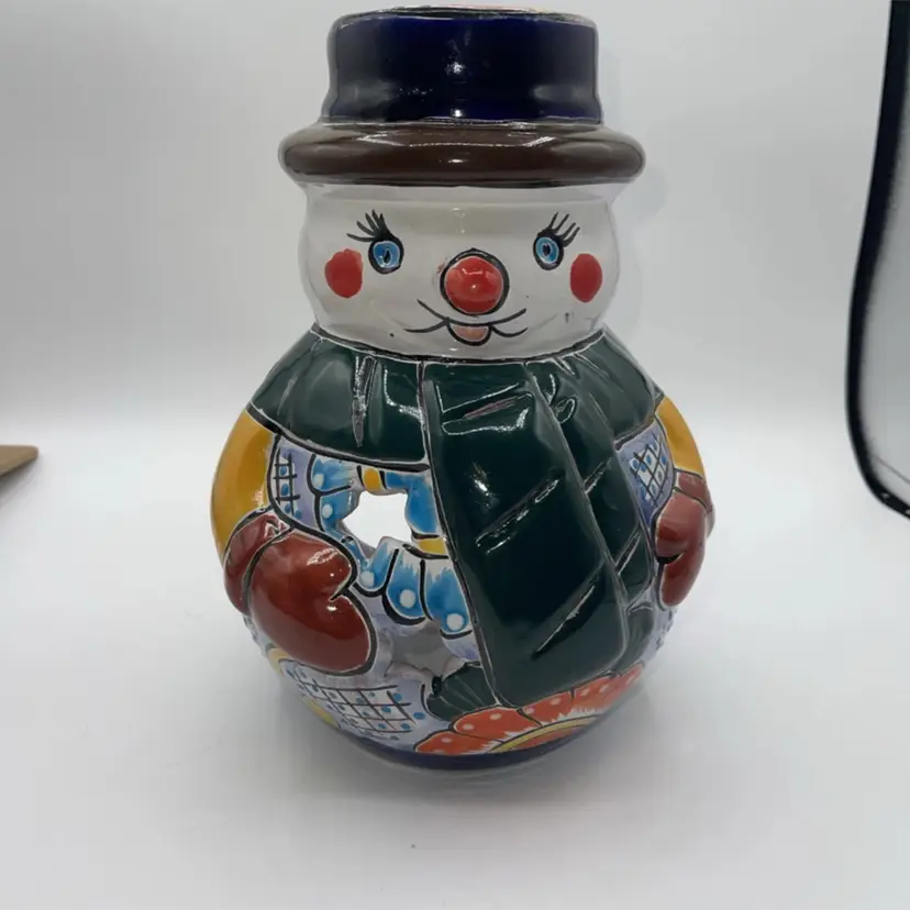 16-Talavera Mexican Pottery Christmas Snowman Sculpture 10” Candle Holder