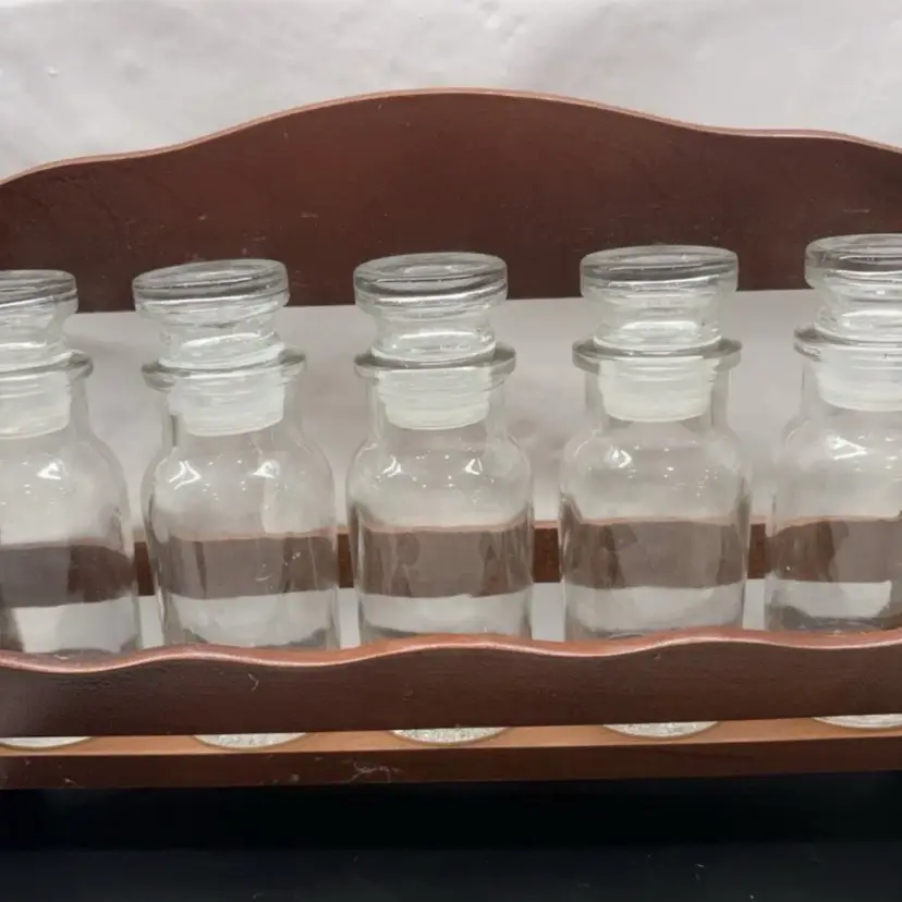 Vintage Wooden Spice Rack with 5 Apothecary Glass Jars - Farmhouse Wall Shelf