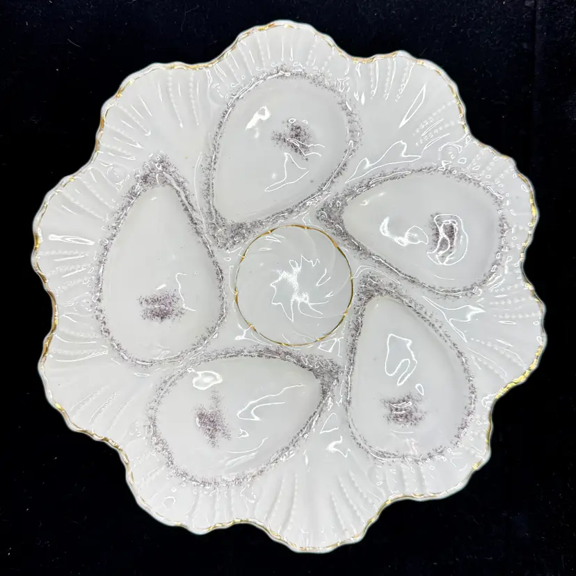 Antique Porcelain Oyster Plate 5 Well Silver Gray Gilt Gold Scalloped Rim A1175