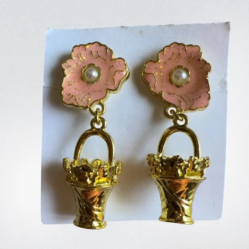 Vintage Flower Basket Clip On Earrings