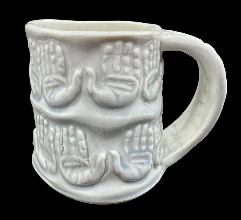 Handmade Studio Art Pottery Coffee Mug Gray Many Hands Weird 14oz