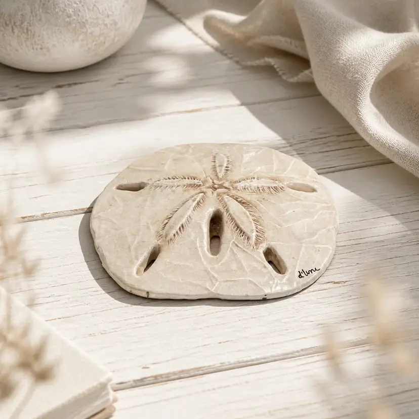 Handcrafted Ceramic Sand Dollar w/ Floral Design, Artist Signed by D'Lene, 4.25"Diameter