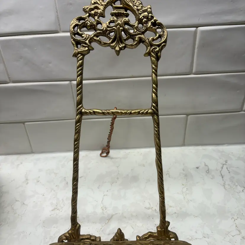 Vintage Brass Plate Easel - Ornate Filigree Birds / Twisted Rope Support