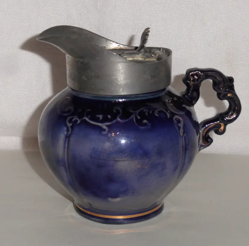 Antique Flow Blue Labelle Syrup w/Pewter Lid ~ Wheeling Pottery La Belle ~ Nice
