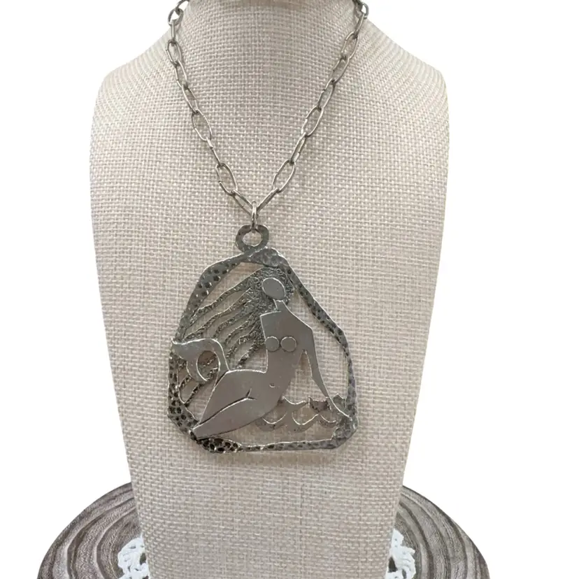 Contemporary Silvertone Necklace With A Mermaid