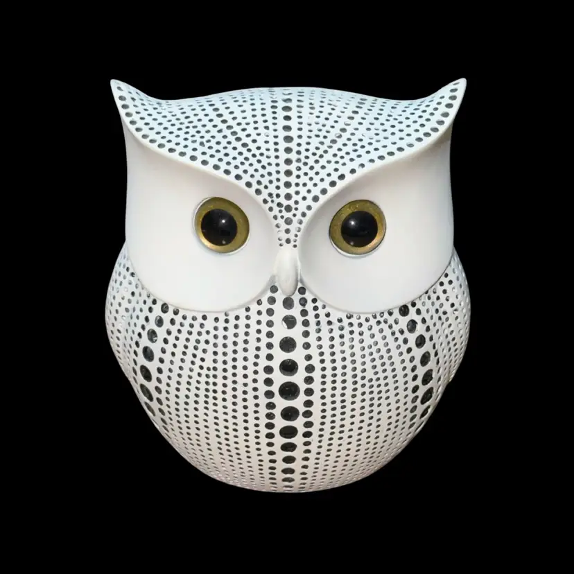 Modernist White & Black Dotted Resin Owl Sculpture Gold Eyes Figurine