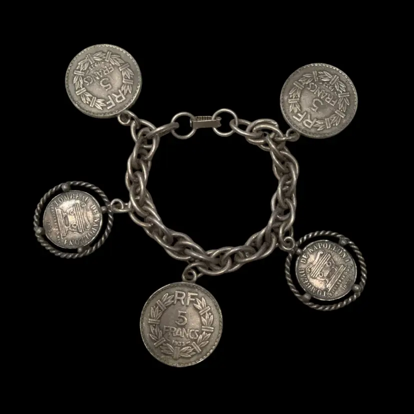 Vintage Rare French Coin Bracelet w/ Enamel Accents & Shield Tested Sterling Bracelet, Coins Not Sterling 7”