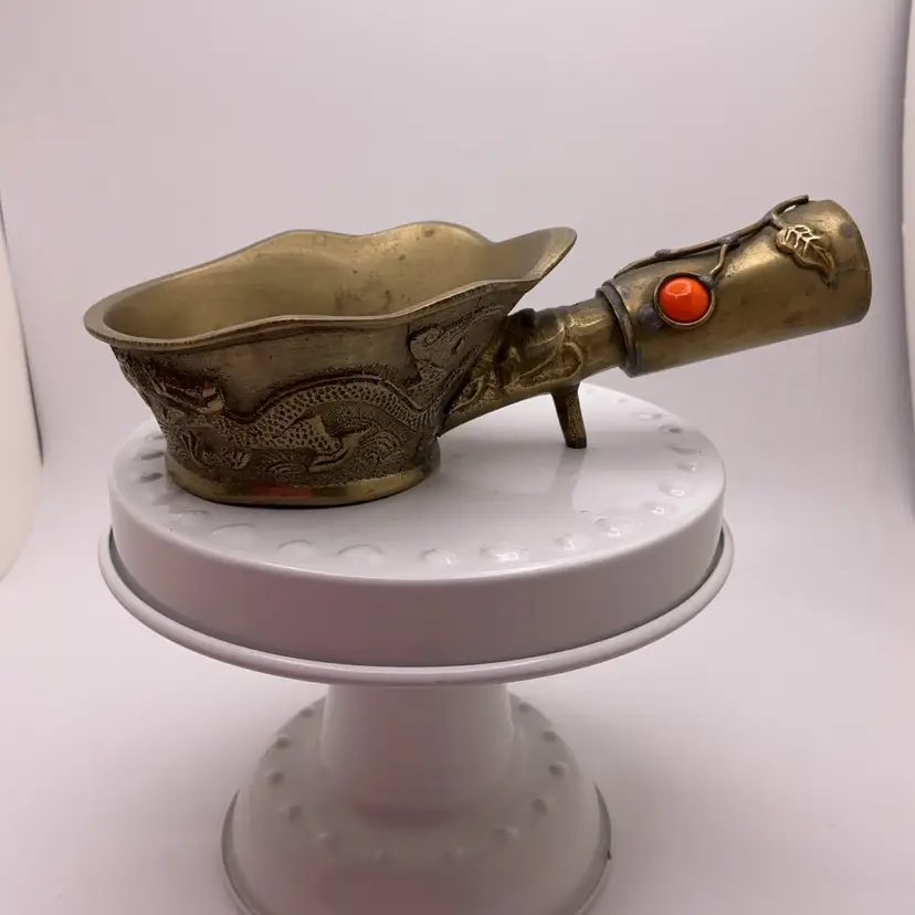 POW1 VTG AS IS Chinese Brass Ladle Scoop with Dragons and Stone 5"