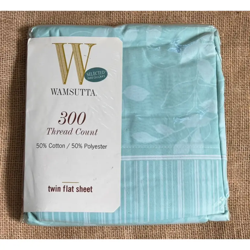 Vintage Wamsutta Light Smoky Blue Leaf Print Twin Flat Sheet Irregular