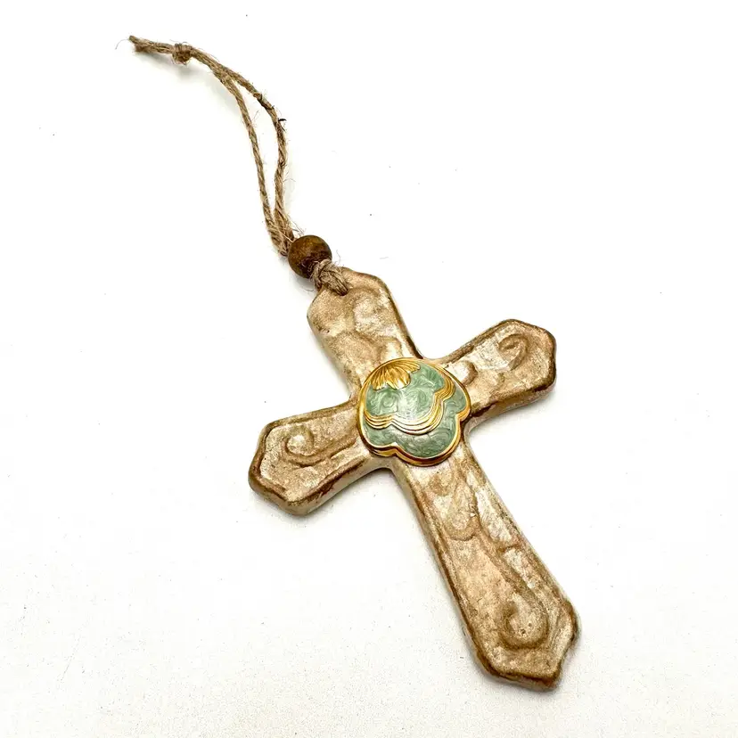 Ceramic Cross Ornament Repurposed Enamel Green Jewelry Made By Me 4.25” L X 3” W