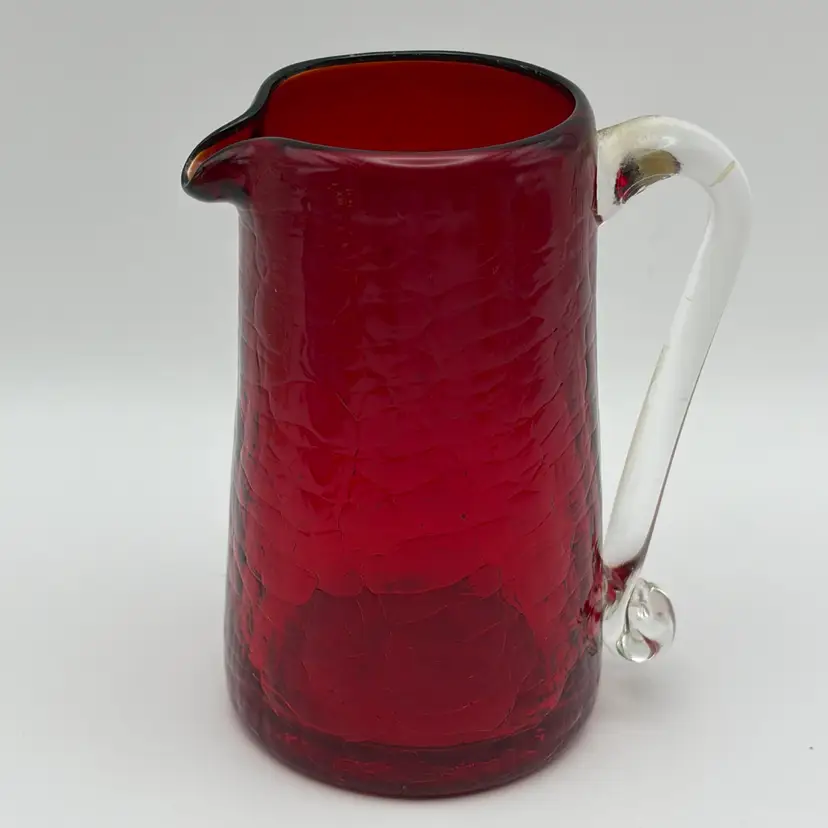 Vintage, 3.75”, Hand Blown, Ruby Red, Crackle Glass Pitcher/Creamer, Applied Clear Glass Handle