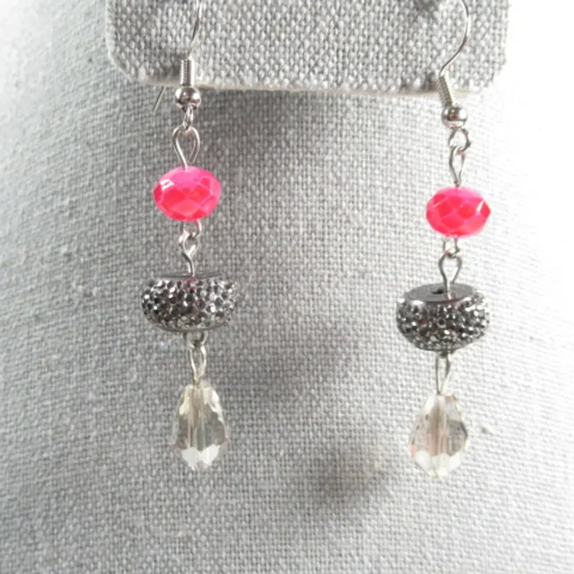 Handmade Marcasite look and pink bead earrings with grey glass drop bead