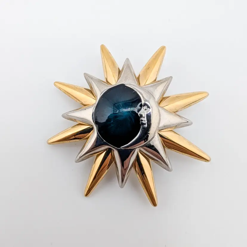 Liz Claiborne Celestial Sun and Moon Two Tone Brooch Pin