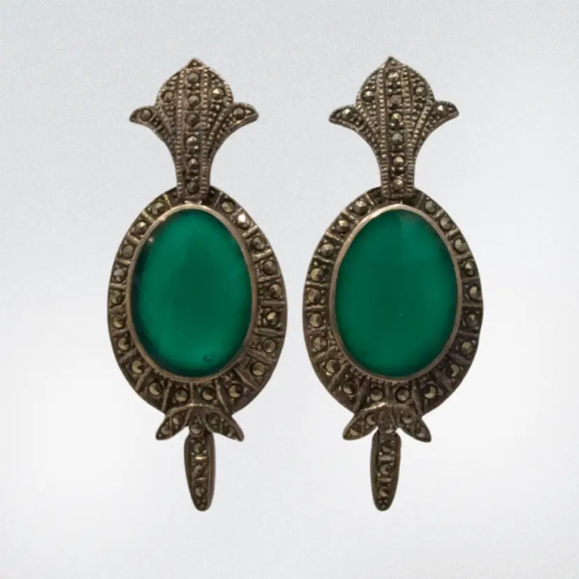 Vintage Art Deco Green Cab Stone & Marcasite Dangle Drop Earrings 2.25”, 16g