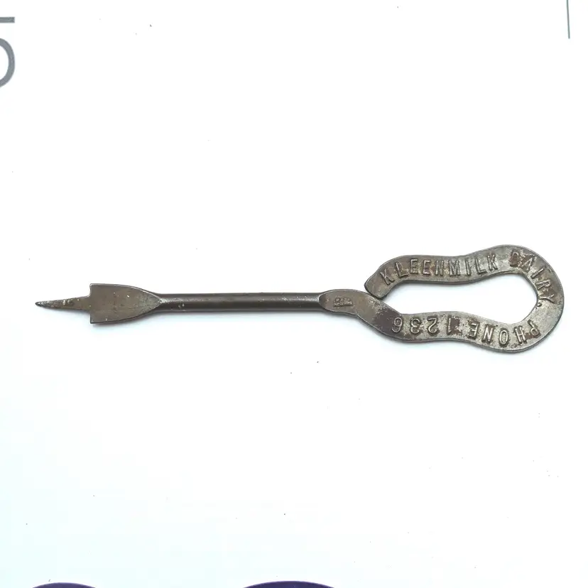 Milk Bottle Cap Opener Tool KLEENMILK DAIRY phone 1236 Antique Metal 4¾" Long