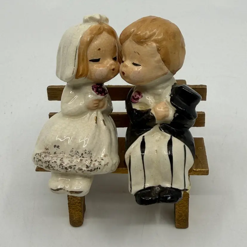 Vintage Bride & Groom Kissing on Wooden Bench Salt & Pepper Shakers Japan