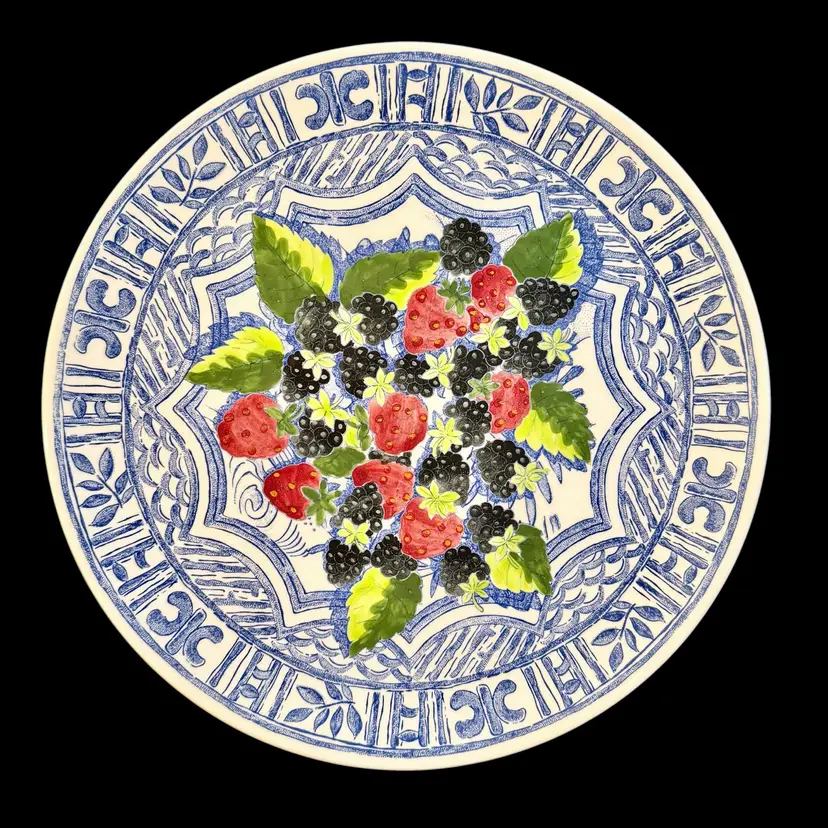 Rare Gien France Oiseau Bleu Fruit Hand Painted 12” Cake Plate Tart Platter