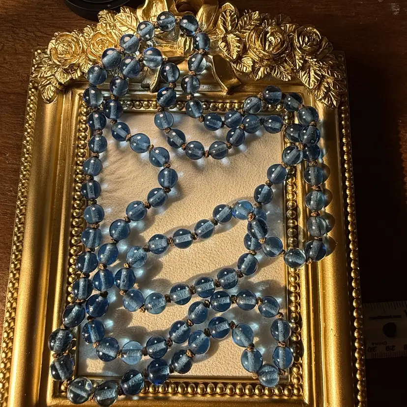 Art Deco Blue Translucent Cased Ribbon Art Glass Sautoir Necklace 48” Long Flapper Rope Strand Hand-Knotted