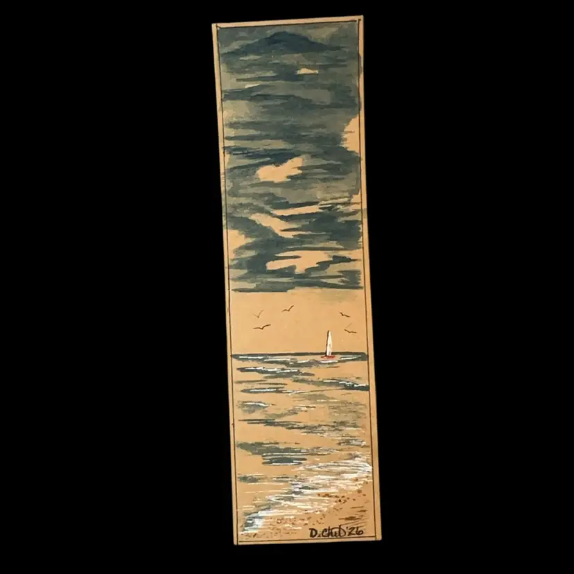 “Lone Sail” Made By Me Original Hand Painted Watercolor Bookmark Blue/Red And White Laminated  2 1/2”x8 1/2”