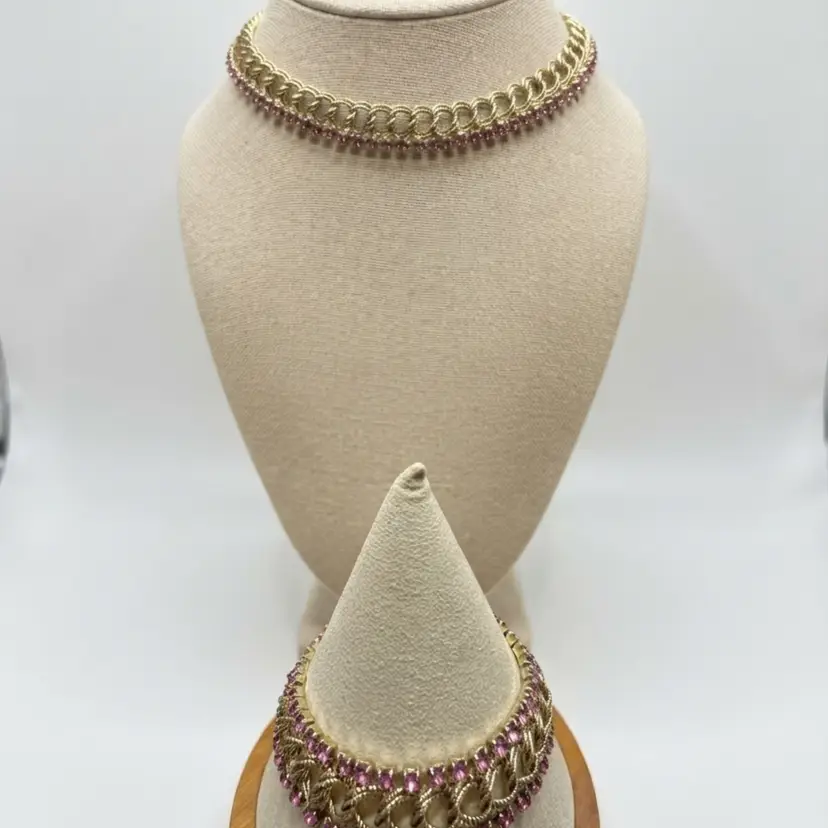 130. Vintage Gold-Tone Pink Rhinestone Choker & Bracelet Set