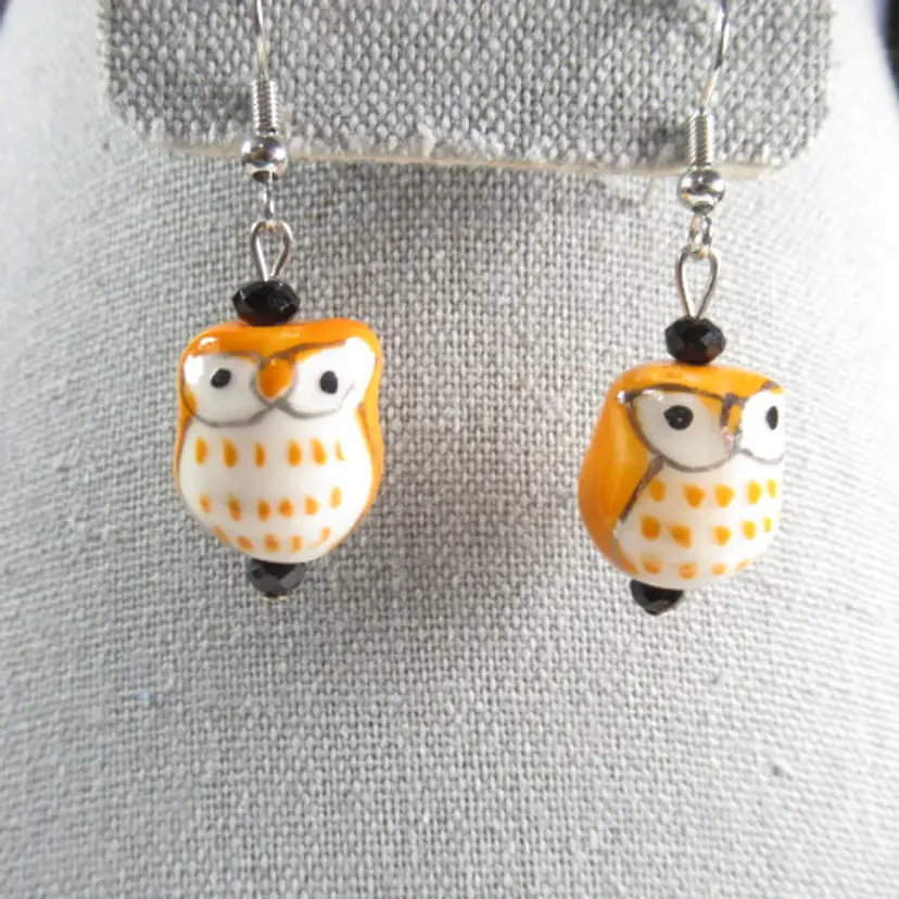 Lampwork orange owl Halloween, Fall handmade earrings
