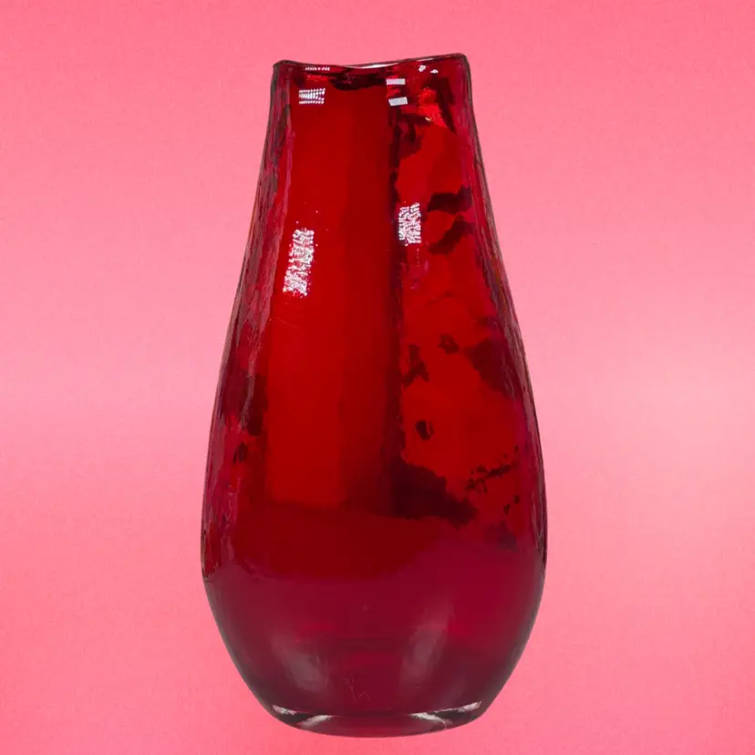 Vintage Ruby Red Art Glass Vase – Hand-Blown Cased Glass – Organic Freeform Rim