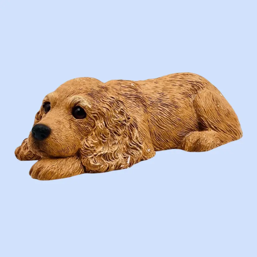 #333- Vintage 9” Cocker Spaniel Figurine Dog Sculpture Hand PaintedBy Sandicast Signed By Sandra Bruegel Hand Casted Color Buff 1981   9 x 2 3/4”