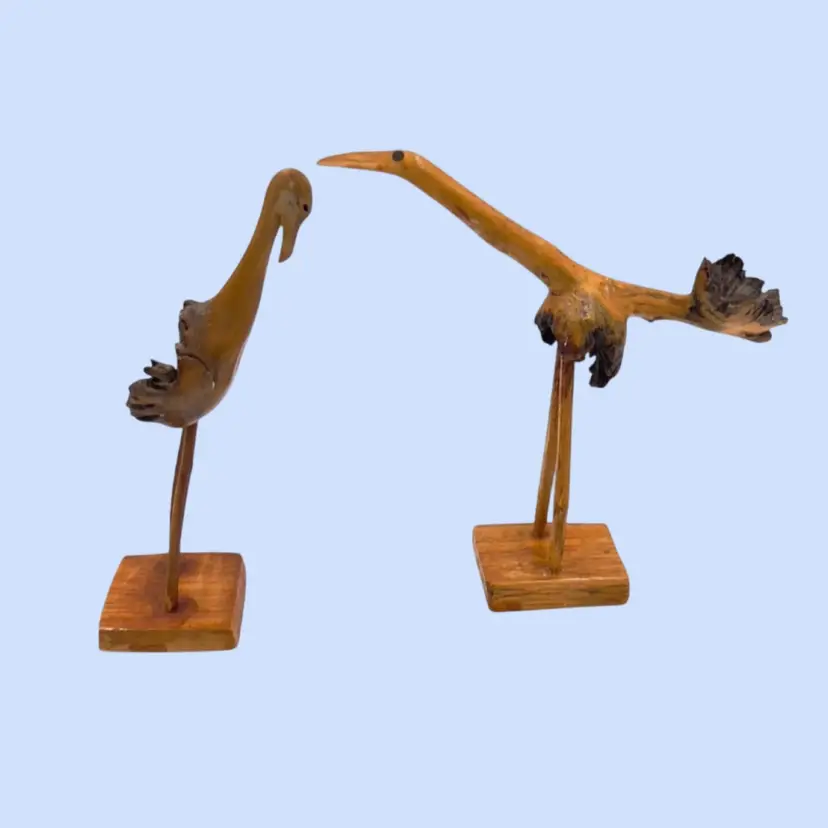 #227- Pair Bird  Figurines Hand Carved Burl Wood Ostrich