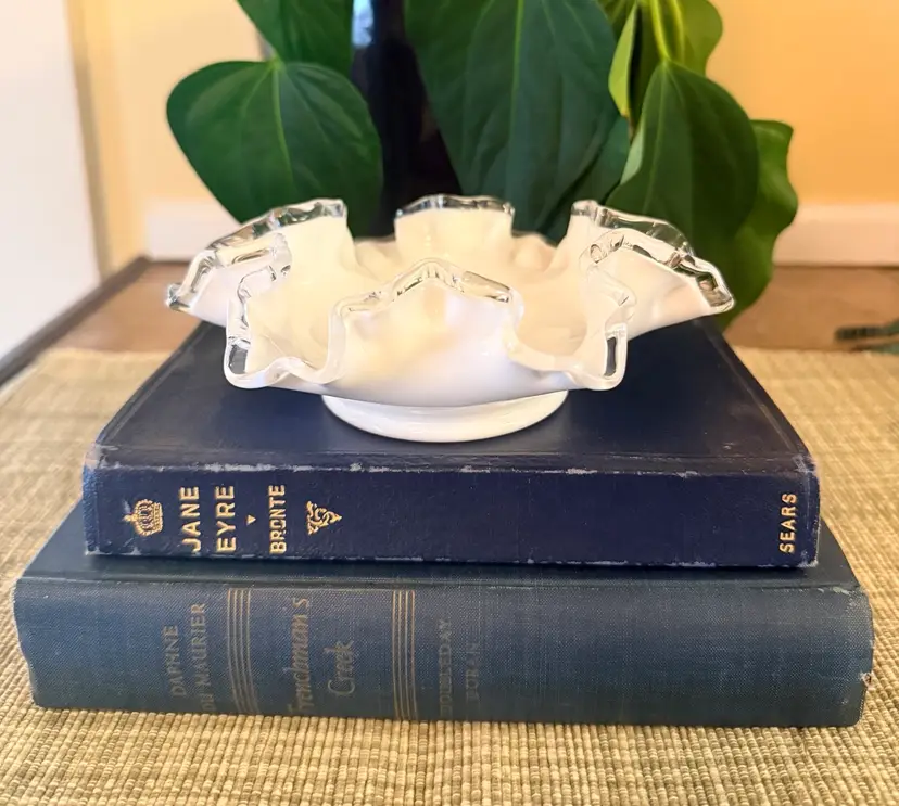 Vintage Fenton Silver Crest Milk Glass Double-Crimped Ruffled Bowl