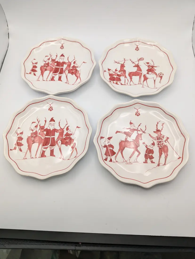 Juliska Country Estate Reindeer Games Ruby Tidbit Plates Set  4 Red White