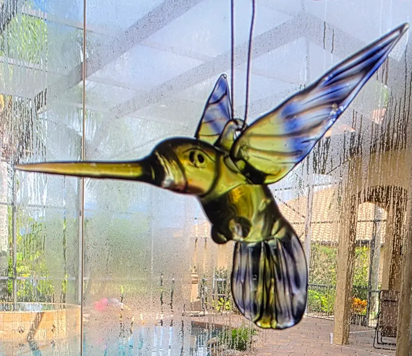 Vintage Hand Blown Glass Hummingbird Suncatcher Ornament Blue Green Hanging