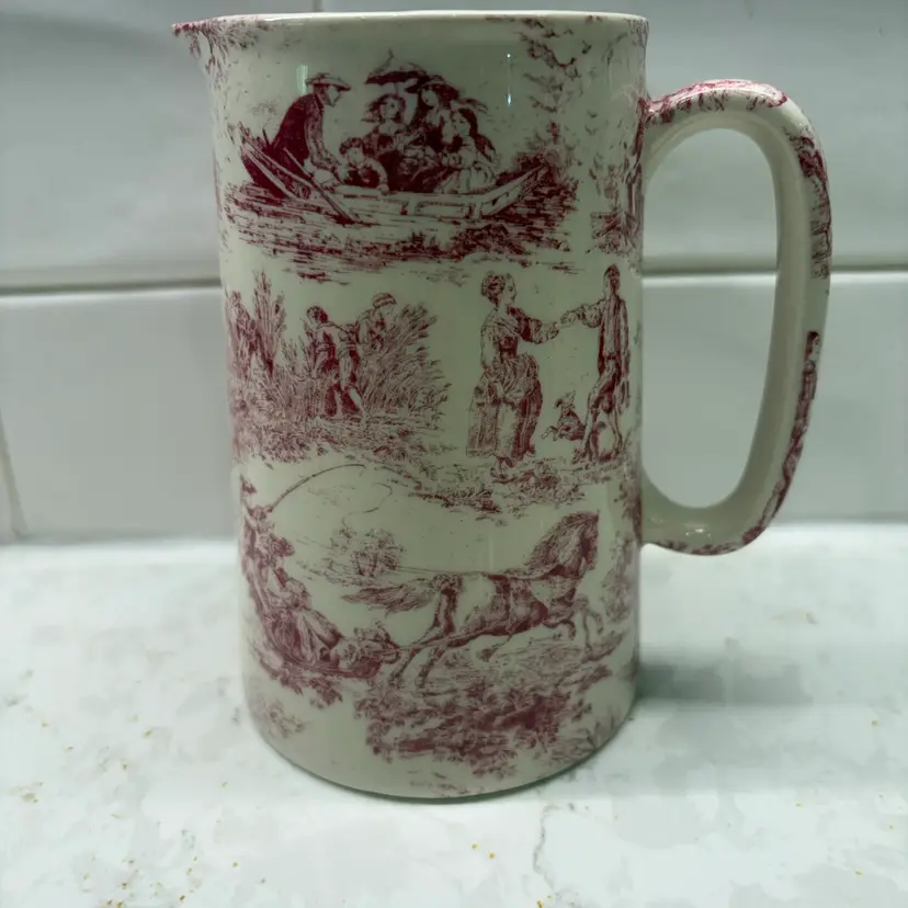 Vtg Heron Cross Pottery England 5.5" Pink Red Toile De Jouy Creamer 1/2 Pint
