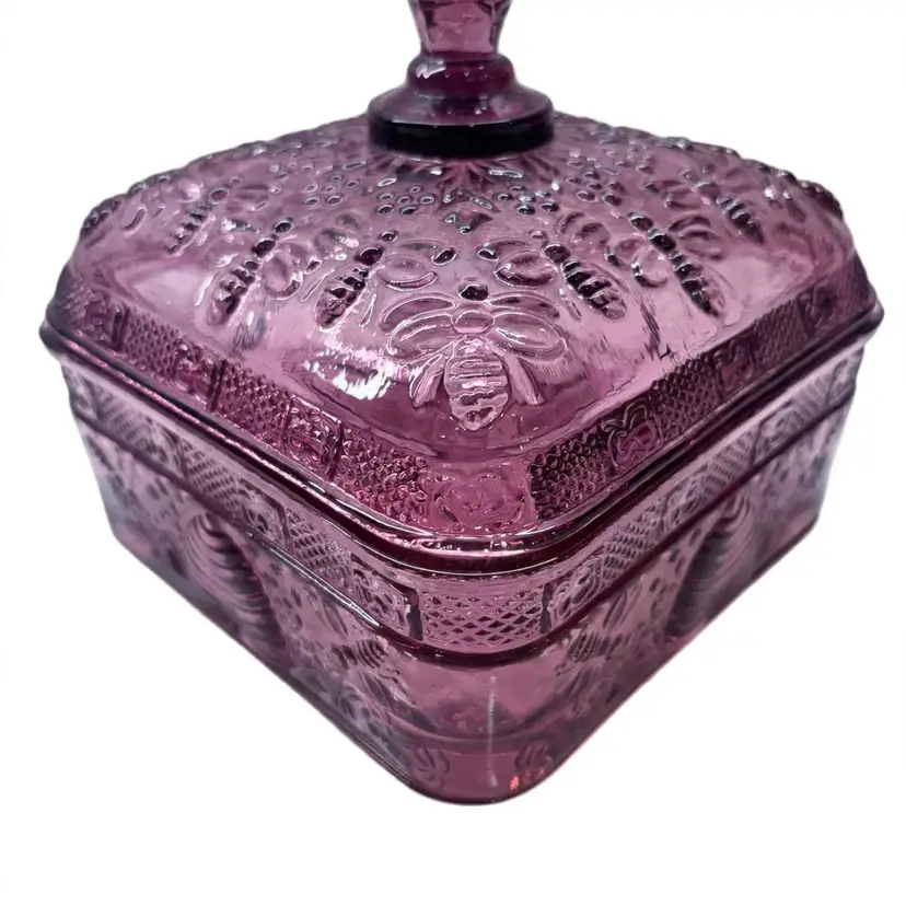 Rare Vintage Amethyst Plum Tiara Indiana Glass Honey Bee Box - Candy Box