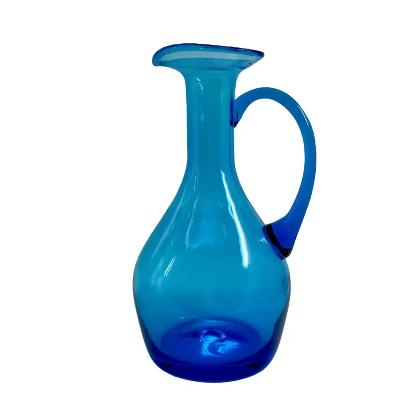 MCM Blue Art Glass Pitcher/Ewer/Vase Hand Blown Manganese Glow READ
8.75” T x 5” W