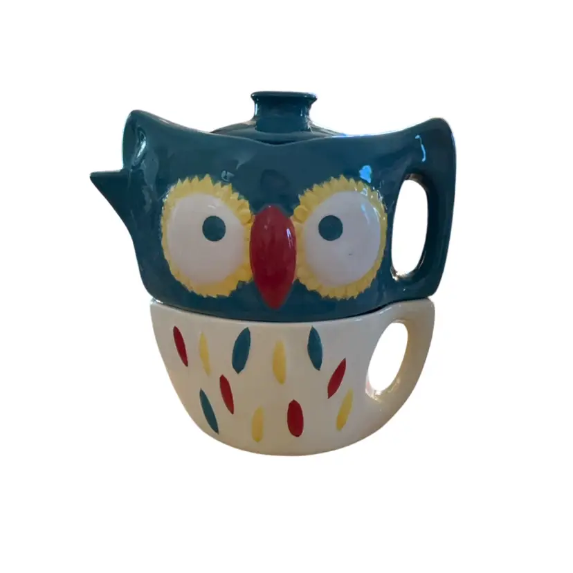 T02   VTG NWOT MSRF, Inc Design Studios Ceramic Owl Individual Teapot & Cup Set