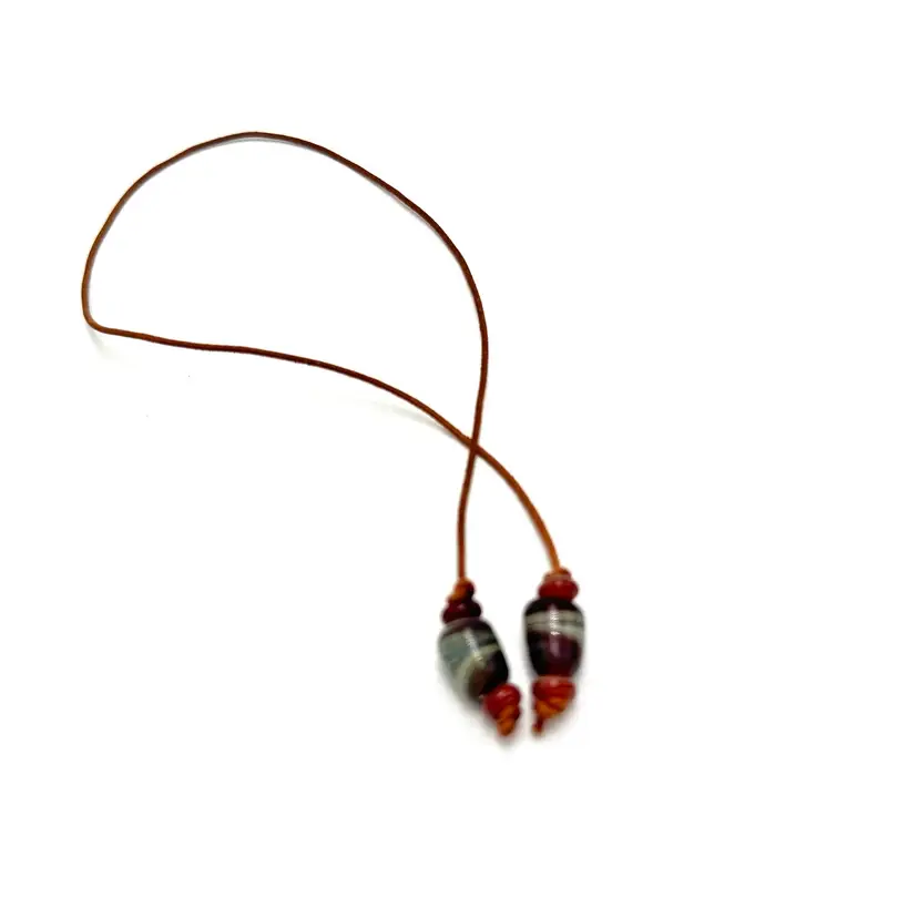 Brown Leather Cord Swirl Brown White Red Art Glass Beads Bookmark 15”