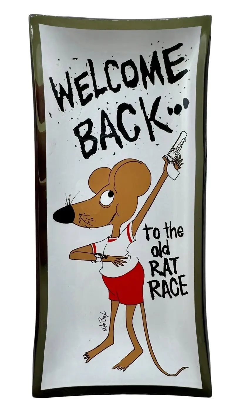 Vintage 60’s Houze Art Glass Trinket Dish Humor Welcome Back to the Old Rat Race
