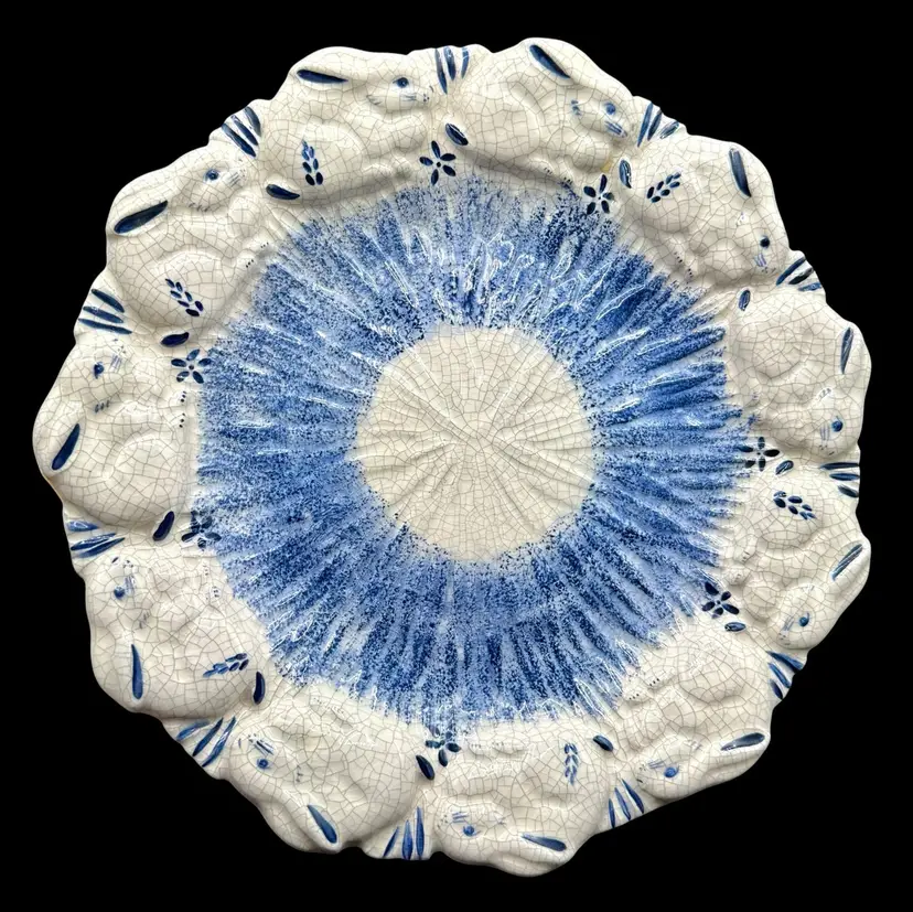 Vintage Dedham Pottery Raised Bunny Rabbit Plate Platter Dish Blue White 10.25”
