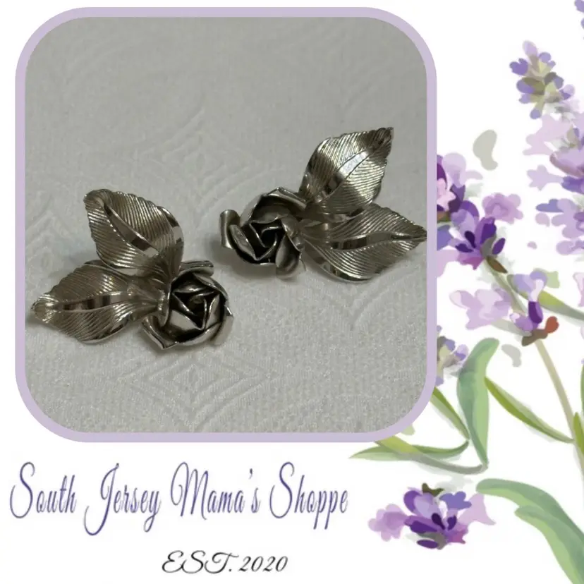 Vintage Silver Tone Rose Bud Screw Back Earring (11)