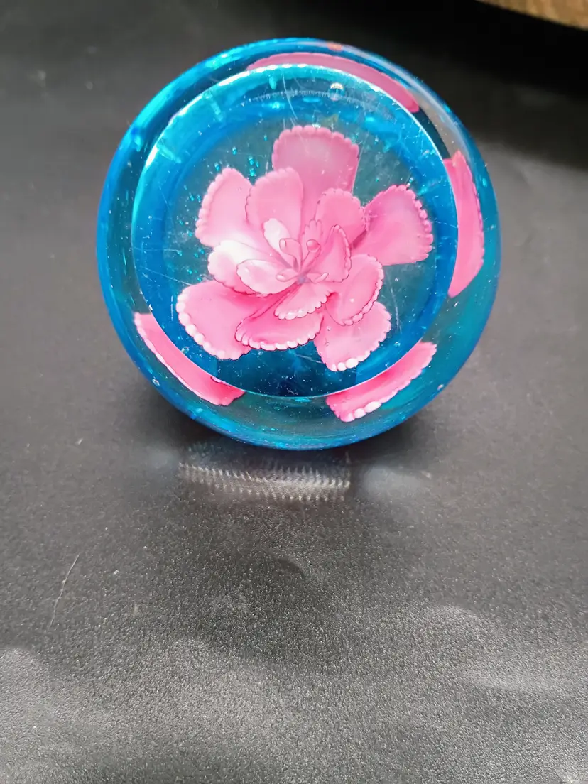 Pink Water Lily Lotus Flower in Aqua Blue Art Glass Paperweight 2.25”.