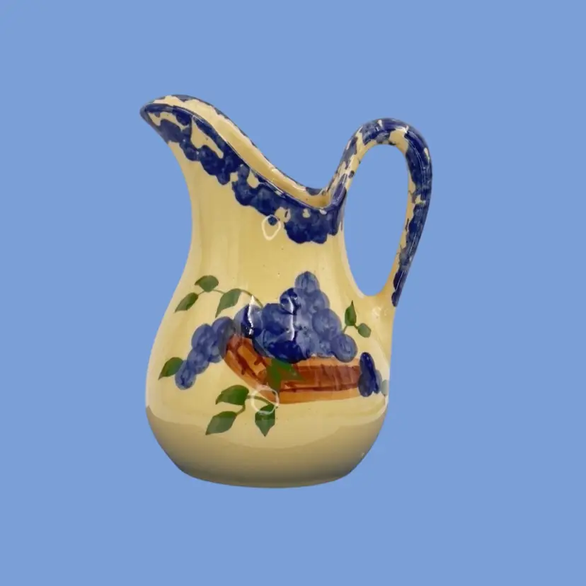 #008- 12oz Pottery Pitcher Juice Milk Creamer Blue Spongeware on Buff Clay Blueberries By Alpine Pottery Ohio 1999