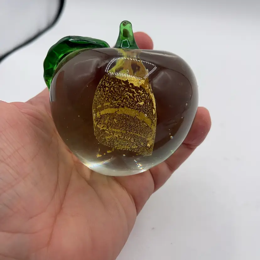 Apple Paperweight With Green Stem Gold Inside