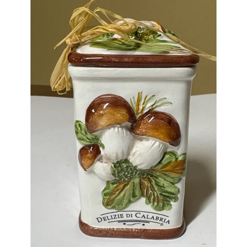 Delizie di Calabria Ceramic Mushroom Canister - White, Brown, Green